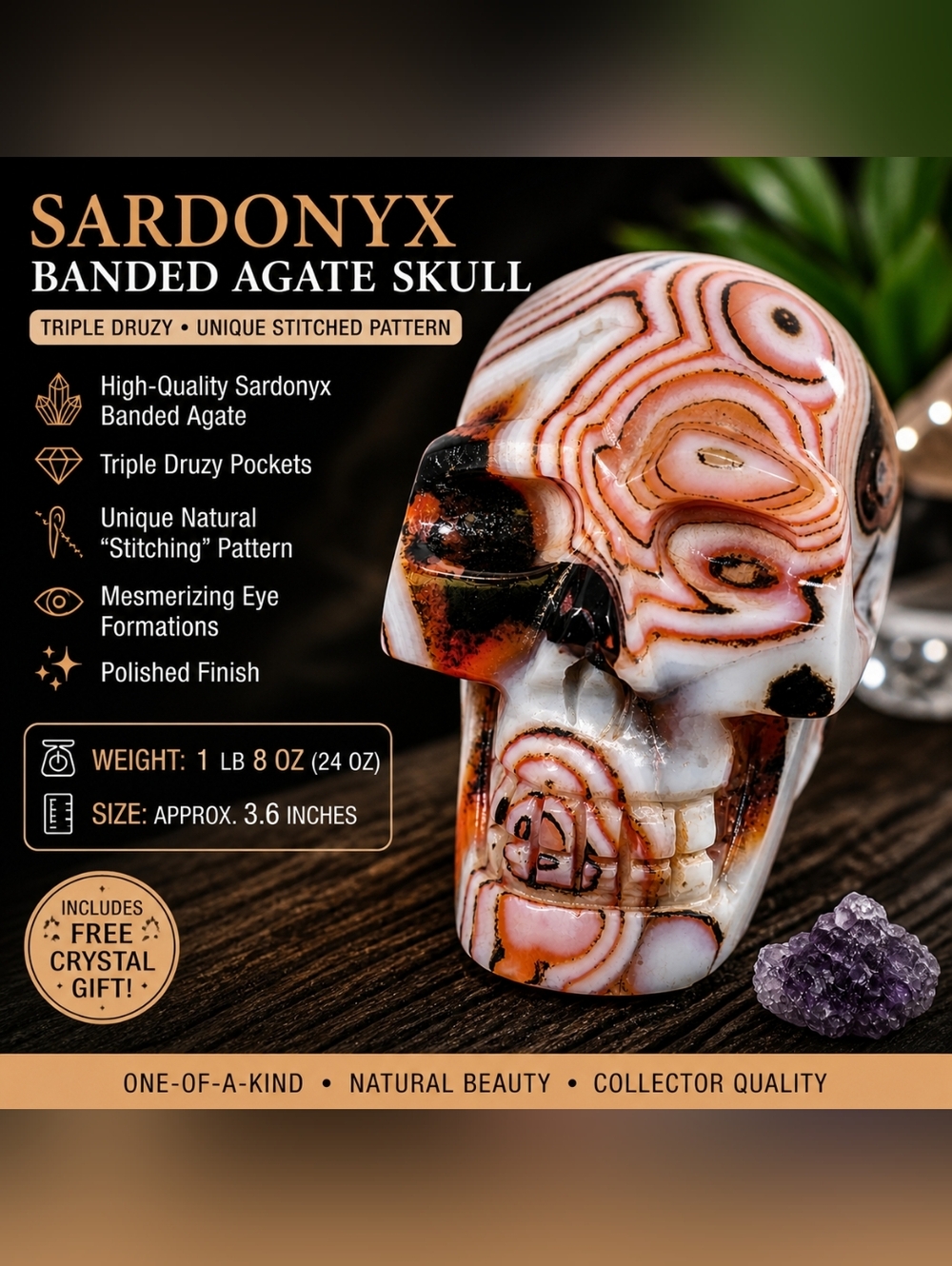 High-Grade Sardonyx Banded Agate Skull Carving Triple Druzy Stitched Collectors